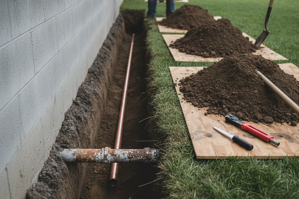 Excavated water line trench during Water Heater Repair in East Aurora